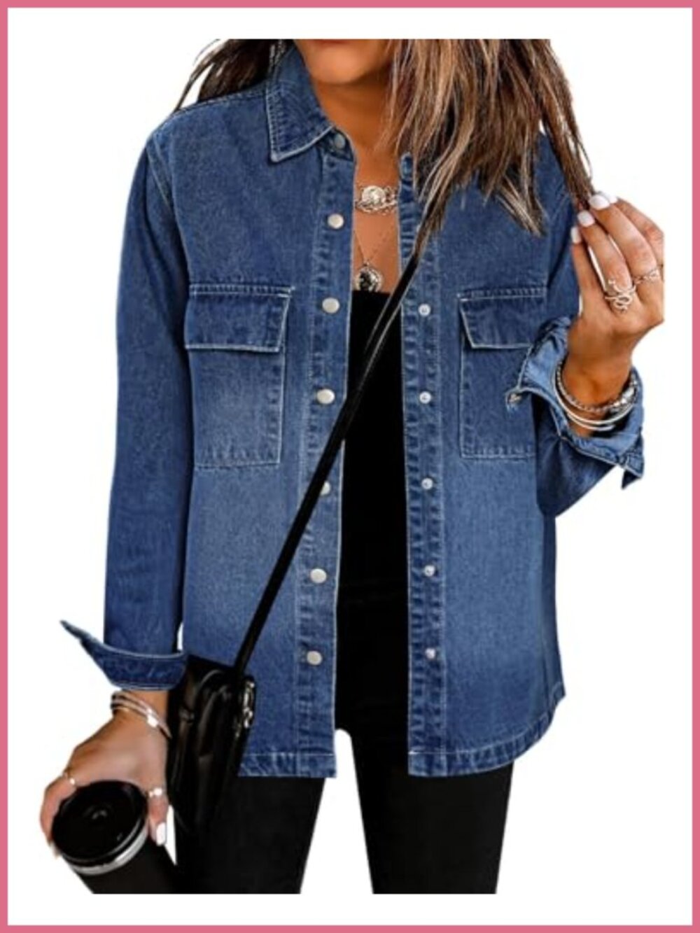 Oversized Button Down Denim Jacket Shacket with Pockets 100% Cotton